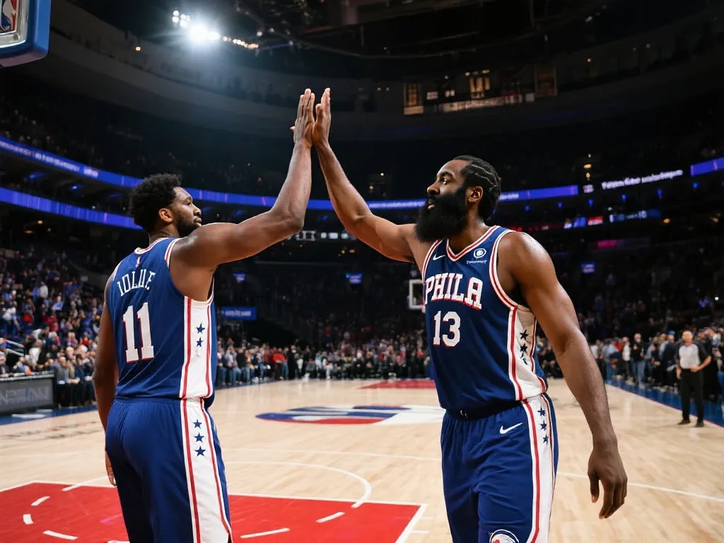 恩比德和哈登击掌庆祝